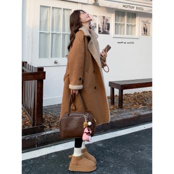 美拉德穿搭麂皮絨皮毛一體外套女冬中長款2024新款加厚羊羔絨棉服