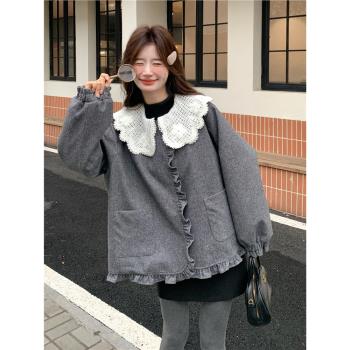 韓系灰色小個子娃娃領羽絨服女2024冬季新款短款時尚白鴨絨厚外套