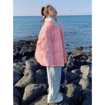 超好看粉色減齡假兩件連帽棉服女短款2024冬季新款加厚麵包服棉襖