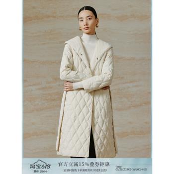 寺山文也 旭陶/輕機能95白鵝絨防水菱格連帽2024秋冬中長羽絨服女