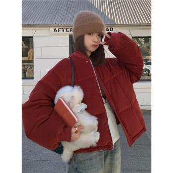 新年紅色小個子短款羽絨服女2024冬季新款韓系加厚保暖麵包服外套
