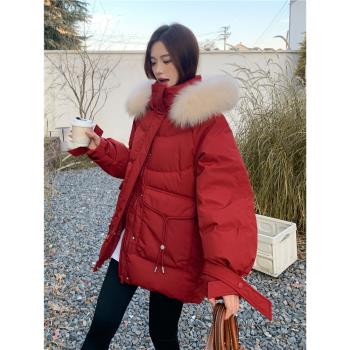 新年紅大毛領短款羽絨服女2024冬季新款加厚韓版高階感白鴨絨外套
