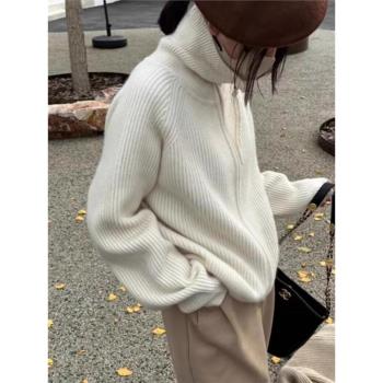 老錢風雙拉鏈羊毛針織開衫女加厚寬松慵懶風翻領羊絨毛衣外套百搭