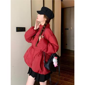 紅色高階感新中式羽絨服女2024新款冬季小個子收腰設計本命年外套