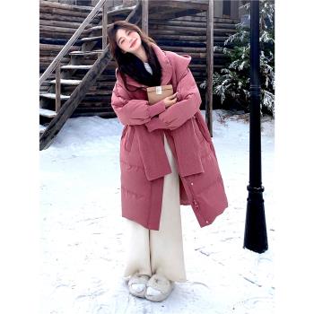 紅色超好看冬季羽絨服女中長款2024新款韓系針織設計感白鴨絨外套