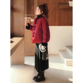 新中式國風復古酒紅色圓領羽絨服女短款2024冬季新款90白鴨絨外套