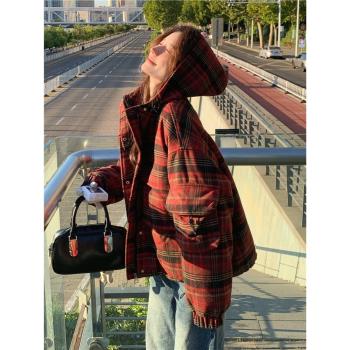 韓系紅色格子短款羽絨服女2024冬季小個子白鴨絨麵包服加厚外套