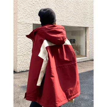 韓系獨特紅色工裝派克羽絨服女2024冬季新款小個子加厚白鴨絨外套