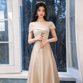 伴娘服香檳色2025新款緞面姐妹團畢業晚禮服裙女簡約簡單大方長款