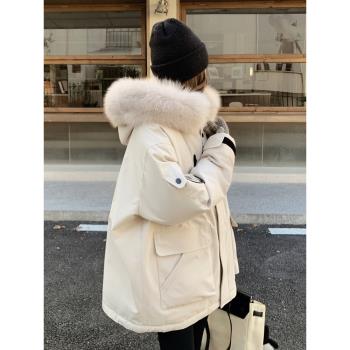 超好看米白色工裝派克服女小個子2024冬季新款加厚爆款連帽羽絨服