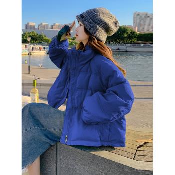 藍色肌理感短款羽絨服女冬2025新款小個子今年爆款立領白鴨絨外套