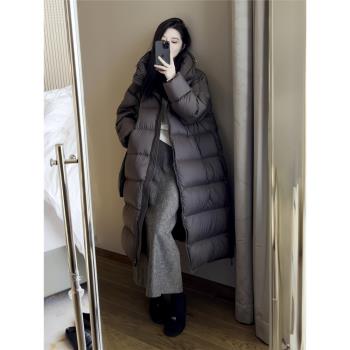 2025冬季羽絨服女新款韓版寬松連帽設計中長款過膝白鴨絨保暖外套