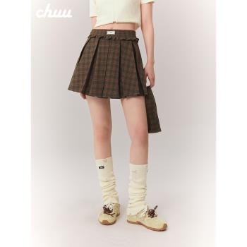 CHUU蕾絲字母標綠格紋半身裙女2025春季新品荷葉邊A短裙百褶裙子