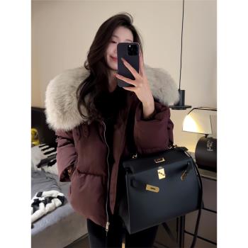 韓版寬松短款保暖羽絨服女2025冬季小眾名媛氣質大毛領白鴨絨外套