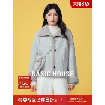 Basic House/百家好韓版翻領皮毛一體外套秋冬加厚毛毛上衣機車服