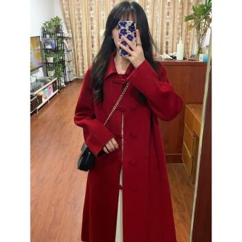 赫本風紅色羽絨呢子大衣女2024秋冬季新品韓系小個子加厚毛呢外套