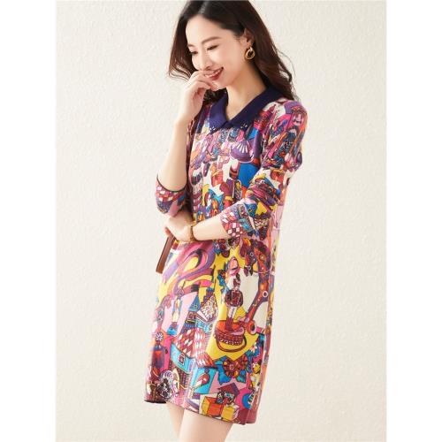 【純羊絨】兔皇25秋冬中老年時髦印花翻領中長款羊絨衫針織女套衫