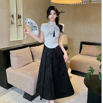 唐裝旗袍改良套裝大碼立領收腰國風刺繡上衣顯瘦淑女風夏季半身裙