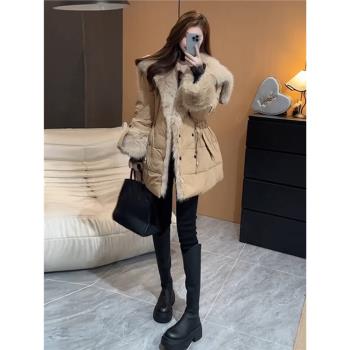 高階感大翻領連帽羽絨服女冬季新款寬松加厚仿狐貍毛皮毛一體大衣