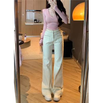 李李服飾高階米白色高腰鏈條直筒牛仔褲女2025年夏季顯瘦彈力長褲