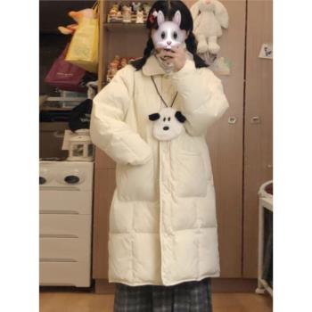加厚白鴨絨羽絨服女中長款2024冬季外套寬松立領小個子學生面包服