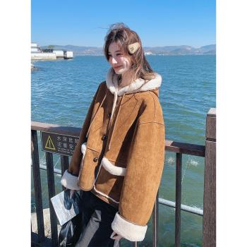 兩面穿麂皮絨連帽羊羔毛外套女冬2025新款小個子皮毛一體加厚棉衣