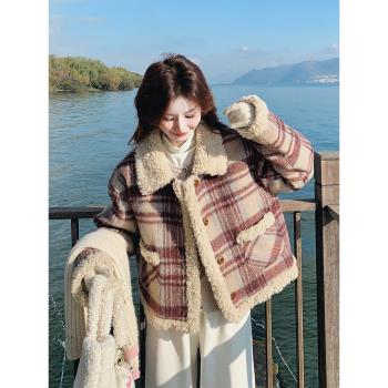 格子羊羔絨羽絨服女冬季2025新款爆款今年流行小個子加厚毛呢外套