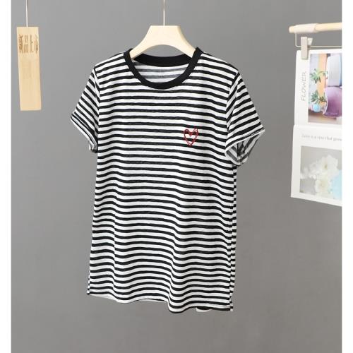 黑白條紋刺繡T恤女式短袖寬松夏季2026新款圓領上衣百搭體恤小衫