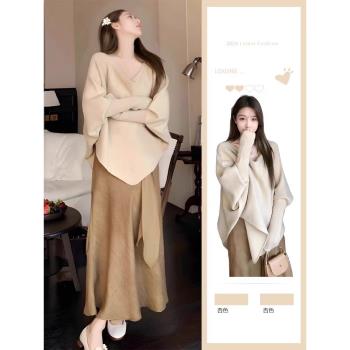 大碼胖MM不規則蝙蝠袖毛衣女春秋季設計感慵懶風寬松斗篷針織上衣