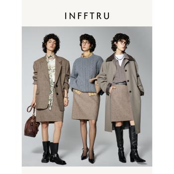INFFTRU 經典老錢風羊毛西裝半身裙女通勤高腰顯瘦包臀短裙