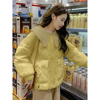 假兩件娃娃領黃色羽絨服女2025冬季新款設計感加厚時尚白鴨絨外套