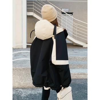 黑色工裝沖鋒衣羽絨服女冬季2025新款今年爆款短款連帽白鴨絨外套