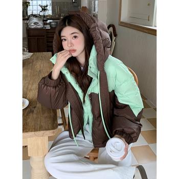 高階感撞色羽絨服女2025冬季新款設計感小個子短款連帽麵包服外套