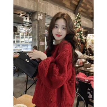 冬季紅色麻花毛衣女春秋新款時尚高階感超好看新年加厚針織衫上衣