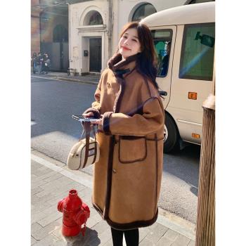 美拉德麂皮絨皮毛一體大衣女2025冬新款加絨加厚中長款羊羔毛棉服