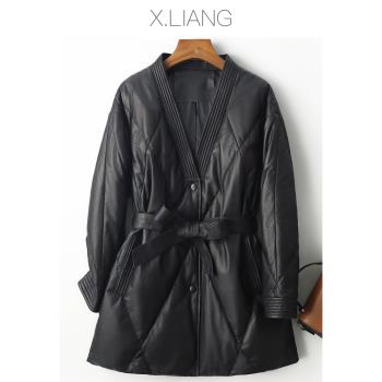 2024秋冬新款海寧皮衣系帶顯瘦中長款真皮羽絨服女綿羊皮風衣外套