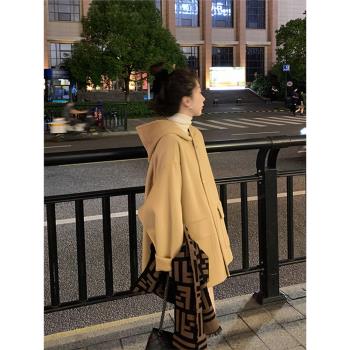 小個子雙面呢子大衣女2024冬季新款寬松慵懶風韓系連帽毛呢外套