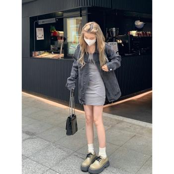 復古港風chic牛仔外套女2023春秋新款韓版寬松小個子煙灰色上衣潮