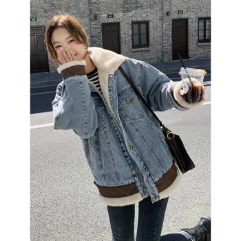 牛仔加絨外套女羊羔毛外套女短款冬季2025年新款韓系加厚棉衣棉服
