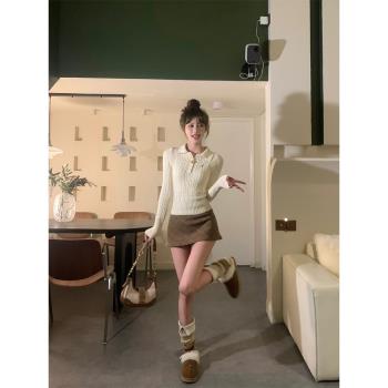 韓系溫柔風polo領麻花針織毛衣女冬季新款設計感修身內搭打底上衣