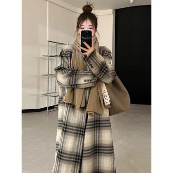 韓系復古格子雙面羊絨大衣女冬季2025新款高階氣質中長款毛呢外套