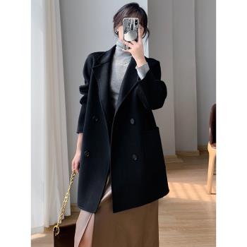 黑色雙面羊絨大衣女短款2024年新款小個子冬季羊毛西裝雙面呢外套