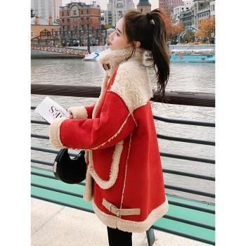 高階感炸街紅色羊羔毛棉服女冬季2025新款爆款麂皮絨皮毛一體外套