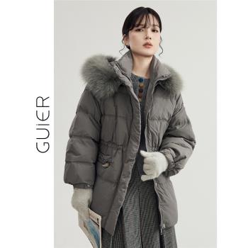 「GUIER」狐貍毛領羽絨服女冬季2024新款保暖白鴨絨寬松連帽外套