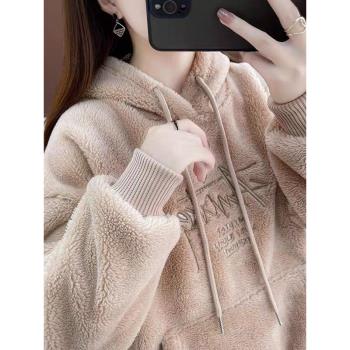 加厚顆粒絨字母刺繡洋氣連帽衛衣