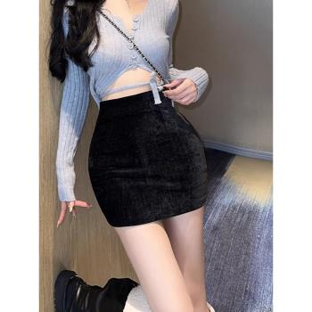 黑色燈芯絨半身裙女秋冬韓版顯瘦性感緊身包臀裙高腰彈力百搭短裙