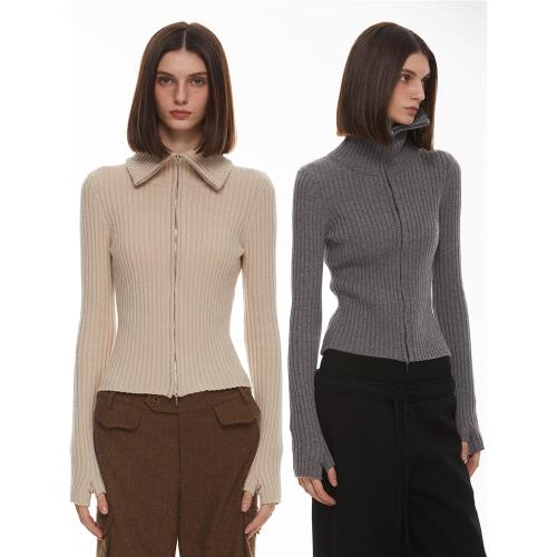 「索維格」重磅山羊絨羊毛混紡帶手套立領拉鏈收腰顯瘦開衫毛衣冬