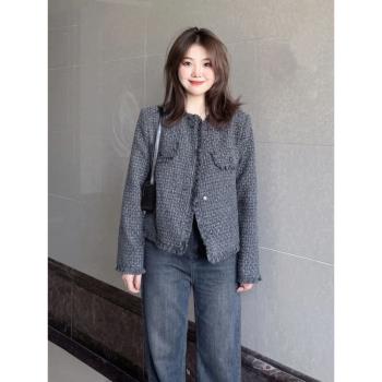 灰色夾棉小香風西裝外套女秋冬2024新款小個子名媛加厚短款上衣