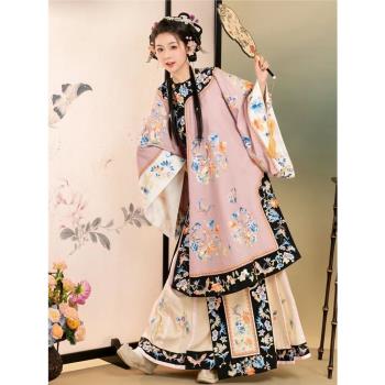 唐韻原創格格服清漢女復原對襟斜襟圓領民族服裝重工印花馬面秋款