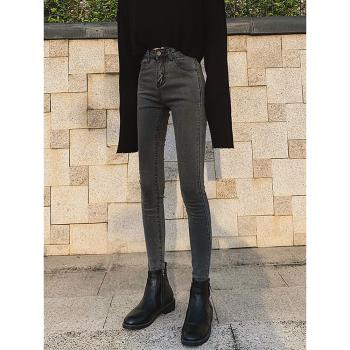 煙灰色緊身牛仔褲女夏季2025年新款小個子高腰彈力顯瘦小腳鉛筆褲